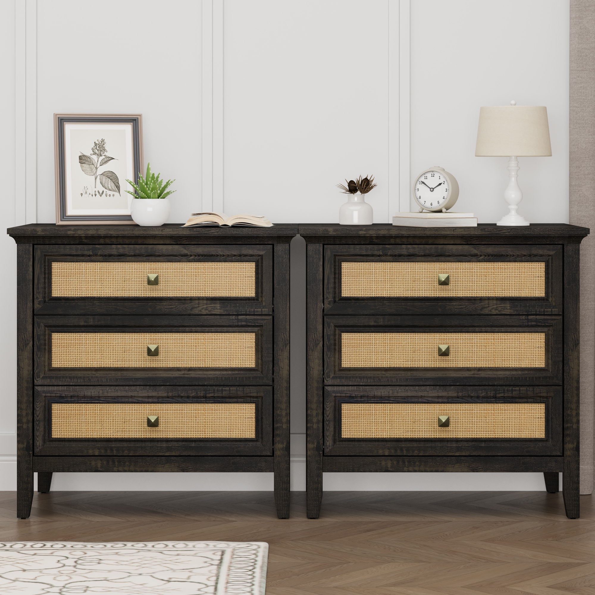 3 Drawer Dresser Rattan Dresser Wood Chest Of Drawers Farmhouse Closet Dressers Modern Bedside Table Rustic Nightstand Storage Cabinet For Bedroom, Hallway, Living Room, Dark Rustic Oak_maomaolike.com